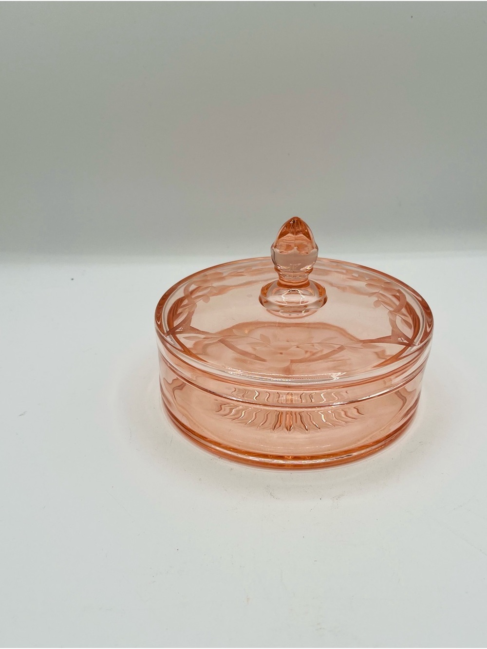 Peach Pink Pressed Glass Covered Trinket Dish